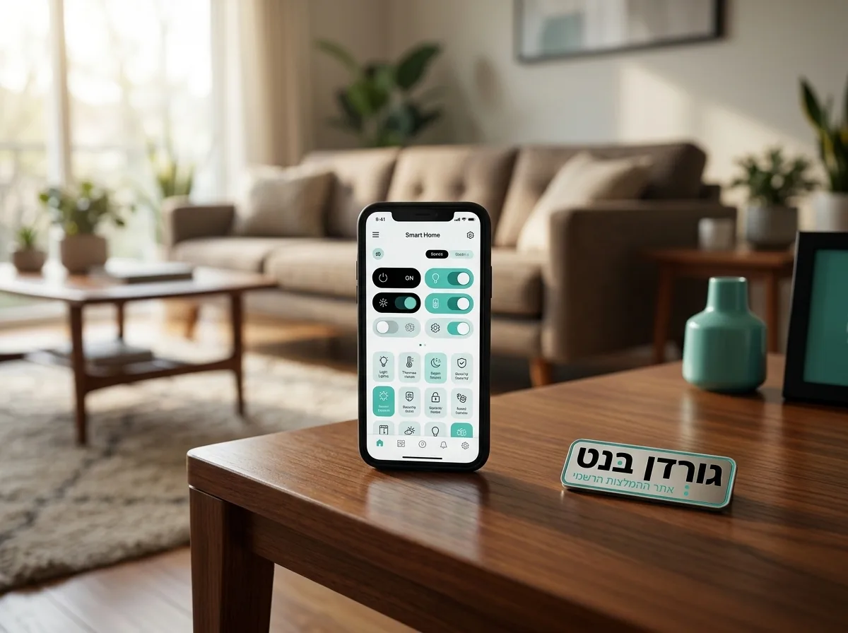 צילום ריאליסטי של סלון מודרני מואר באור טבעי, ברקע סמארטפון עם אפליקציה לשליטה בבית חכם מונח על שולחן עץ כהה, פוקוס חד על המסך, עומק שדה רדוד המטשטש קלות את הספה שברקע.