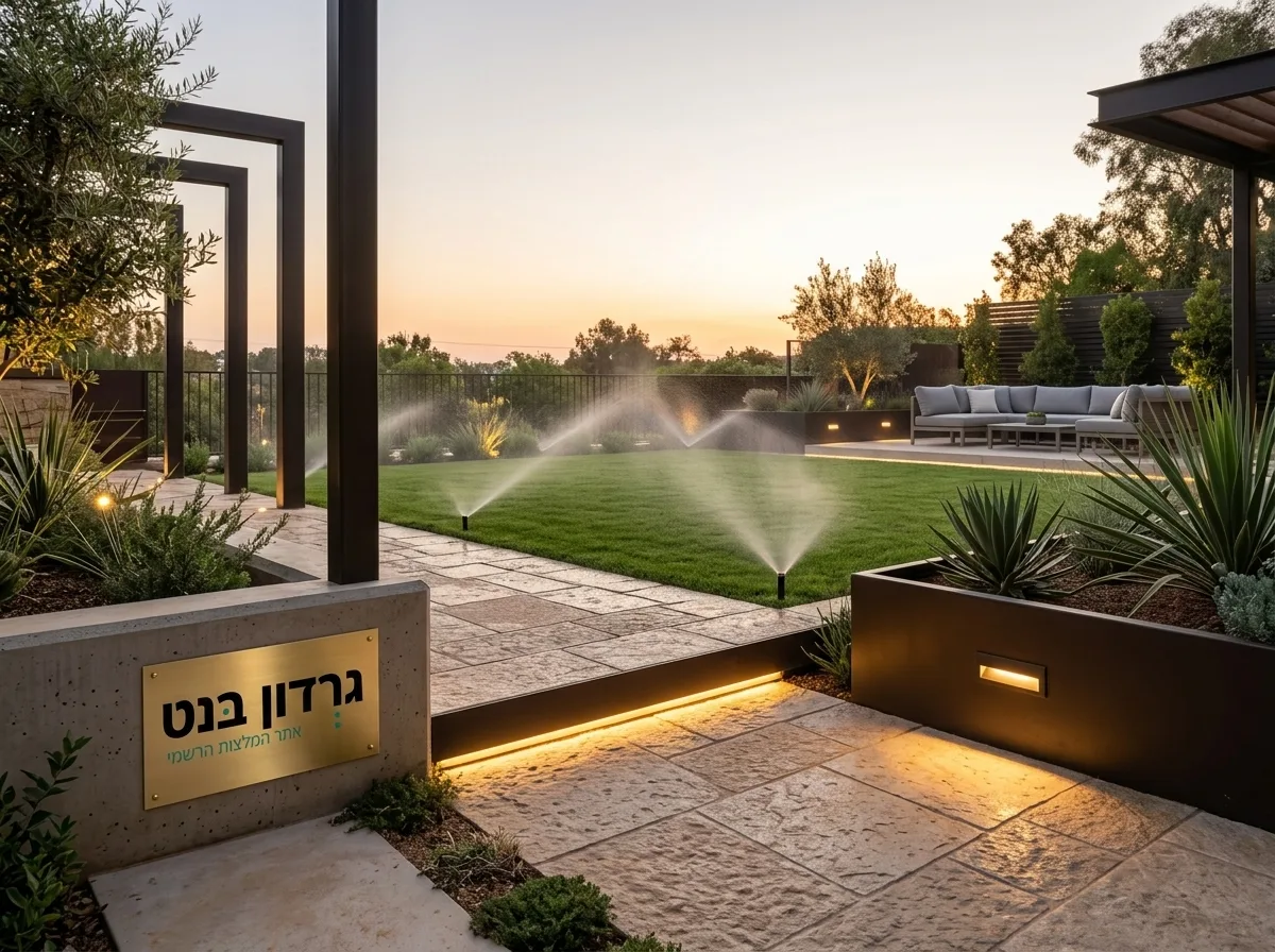 צילום איכותי של גינה מודרנית בשעת שקיעה, תאורת לד חכמה שקועה בשביל הכניסה מפיצה אור חם, ברקע ממטרות קטנות פועלות על דשא ירוק.