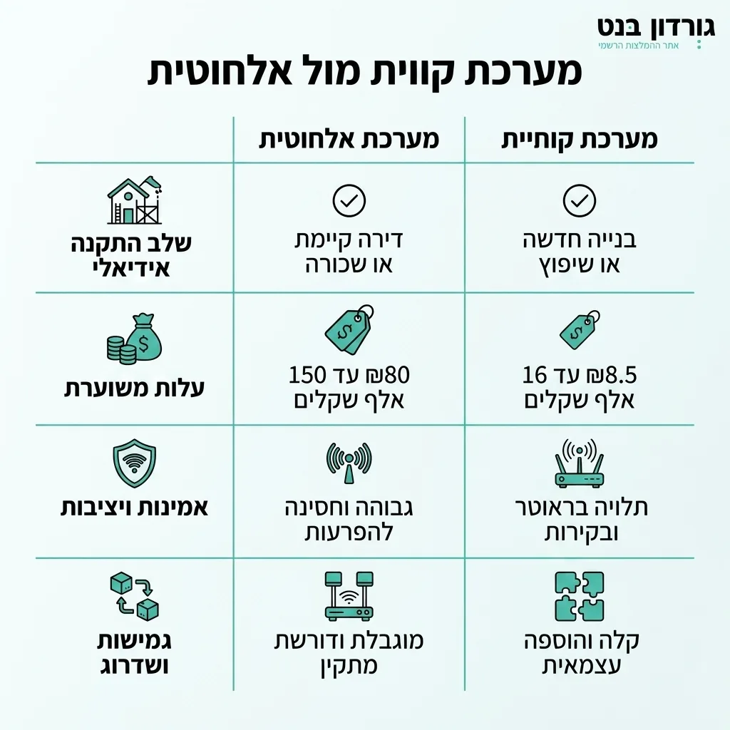אינפוגרפיקה — מערכת קווית מול אלחוטית: השוואה בין מערכת קווית, מערכת אלחוטית