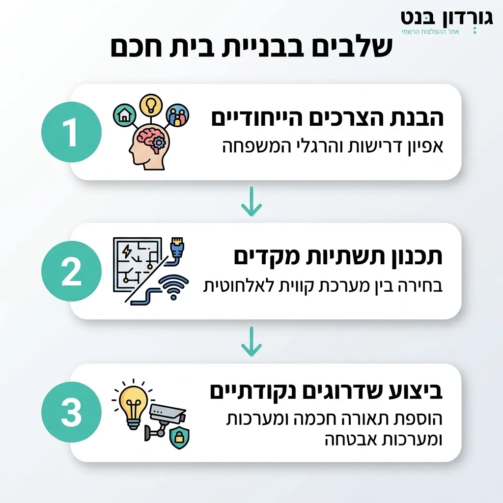 אינפוגרפיקה — שלבים בבניית בית חכם: הבנת הצרכים הייחודיים, תכנון תשתיות מקדים, ביצוע שדרוגים נקודתיים