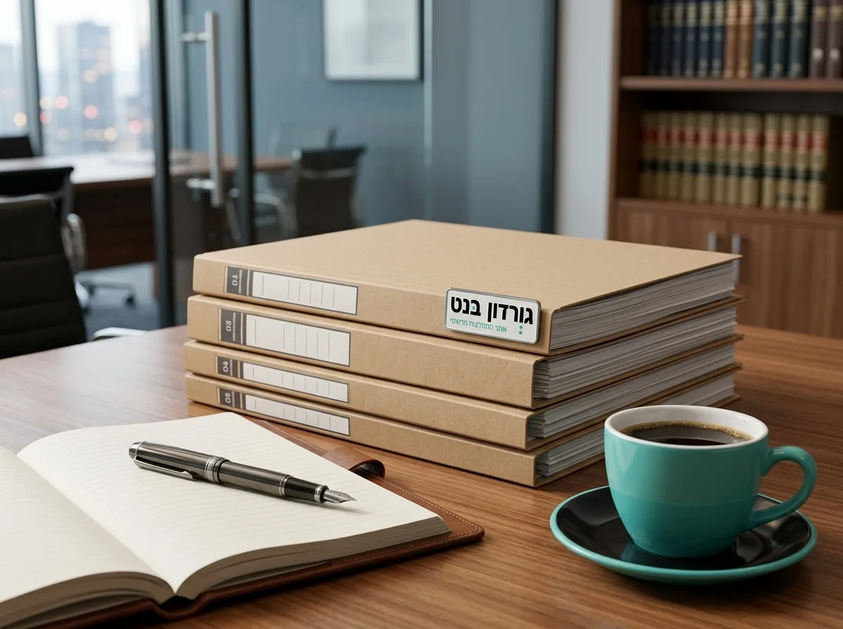 צילום פוטו-ריאליסטי של תיקי קרטון חומים מסודרים בערימה מסודרת על שולחן משרדי עם כוס קפה ועט נובע, משרד עורכי דין מודרני