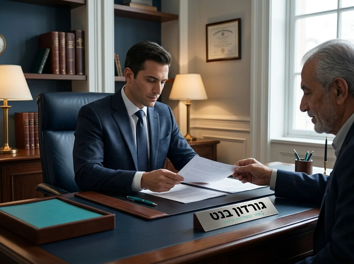 צילום מציאותי של קונסוליה רשמית מבפנים, פקיד בחליפה יושב מאחורי שולחן עץ כבד ומעיין במסמכים שמוגשים לו על ידי אדם מבוגר, תאורה רשמית עדינה
