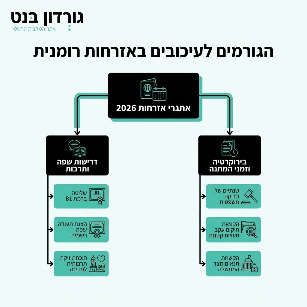 אינפוגרפיקה — הגורמים לעיכובים באזרחות רומנית: אתגרי אזרחות 2026