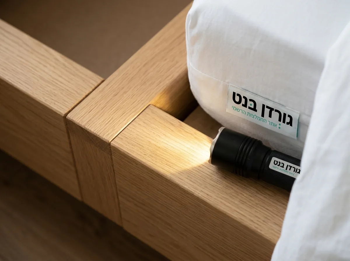 צילום איכותי של פנס מאיר על פינה של בסיס מיטה מעץ, מקרוב, מראה ניקיון מוחלט ללא סימני לכלוך או חרקים, משדר תחושת ניקיון ובטיחות, תאורת פנים חמימה