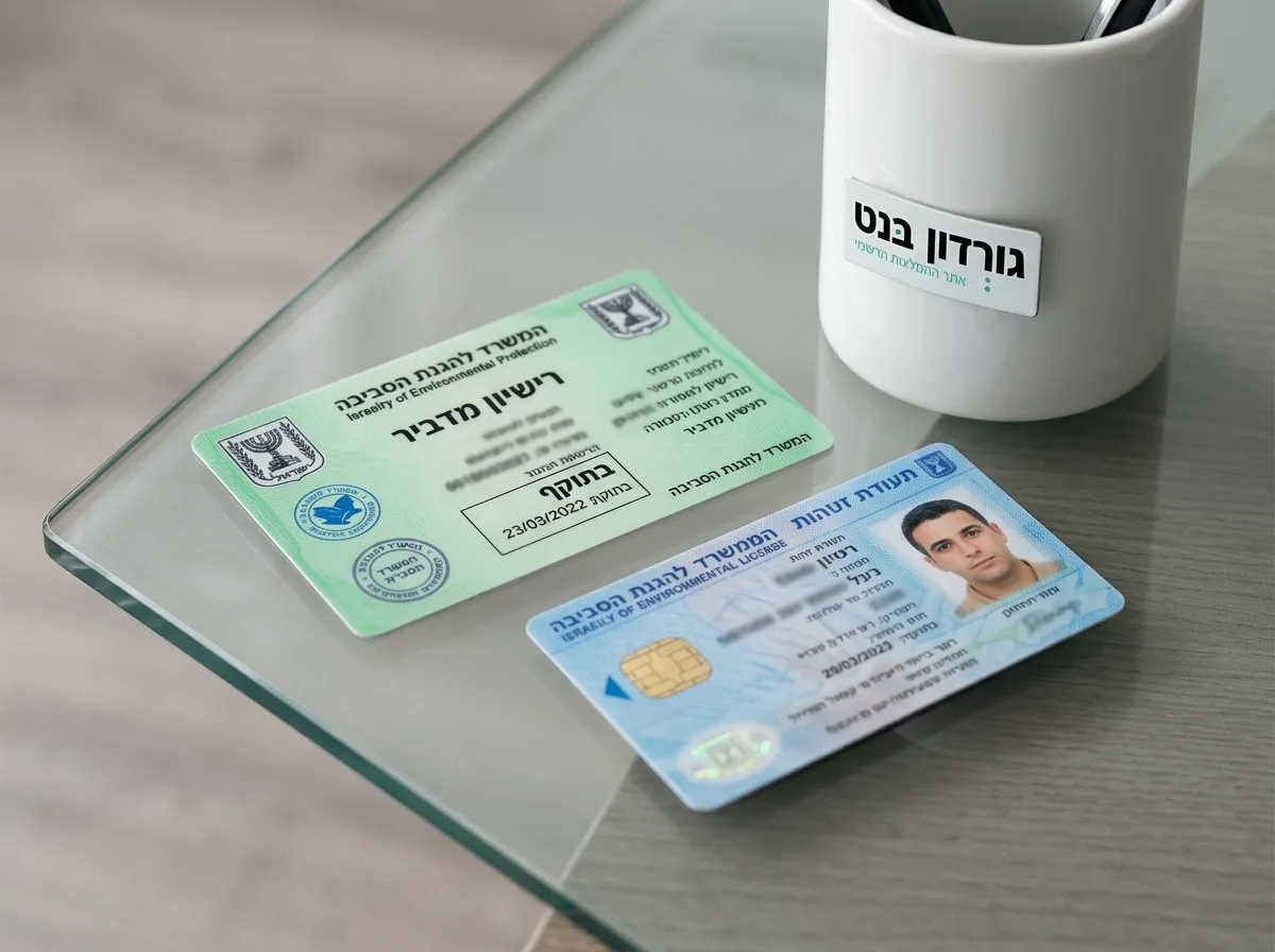 צילום איכותי של תעודת זהות ורישיון מדביר מטעם המשרד להגנת הסביבה מונחים על שולחן משרדי נקי מזכוכית, פוקוס על המילה 'בתוקף', משדר אמינות ומקצועיות