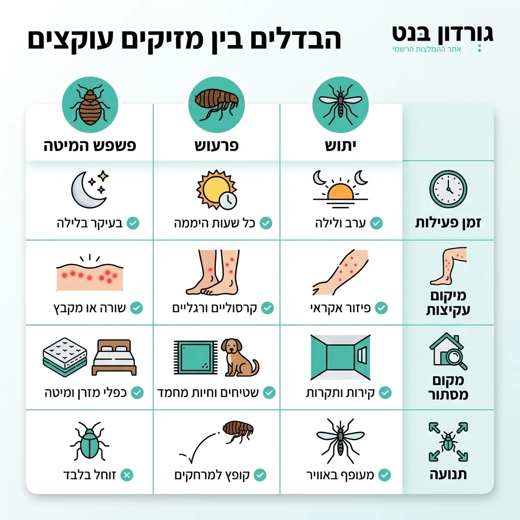 אינפוגרפיקה — הבדלים בין מזיקים עוקצים: השוואה בין פשפש המיטה, פרעוש, יתוש