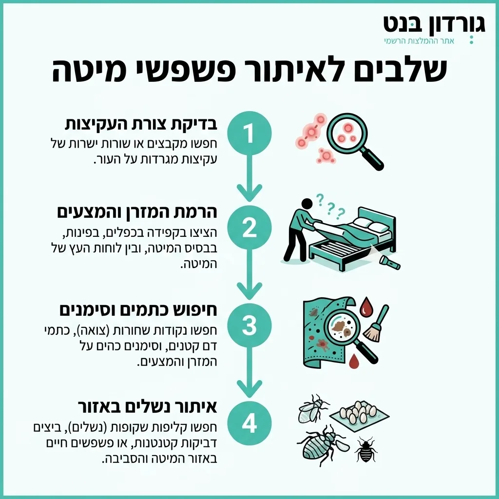 אינפוגרפיקה — שלבים לאיתור פשפשי מיטה: בדיקת צורת העקיצות, הרמת המזרן והמצעים, חיפוש כתמים וסימנים, איתור נשלים באזור