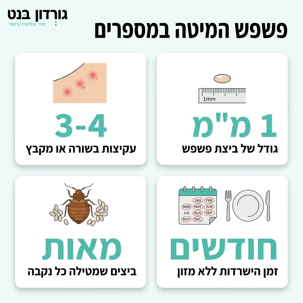 אינפוגרפיקה — פשפש המיטה במספרים: עקיצות בשורה או מקבץ, גודל של ביצת פשפש, ביצים שמטילה כל נקבה, זמן הישרדות ללא מזון