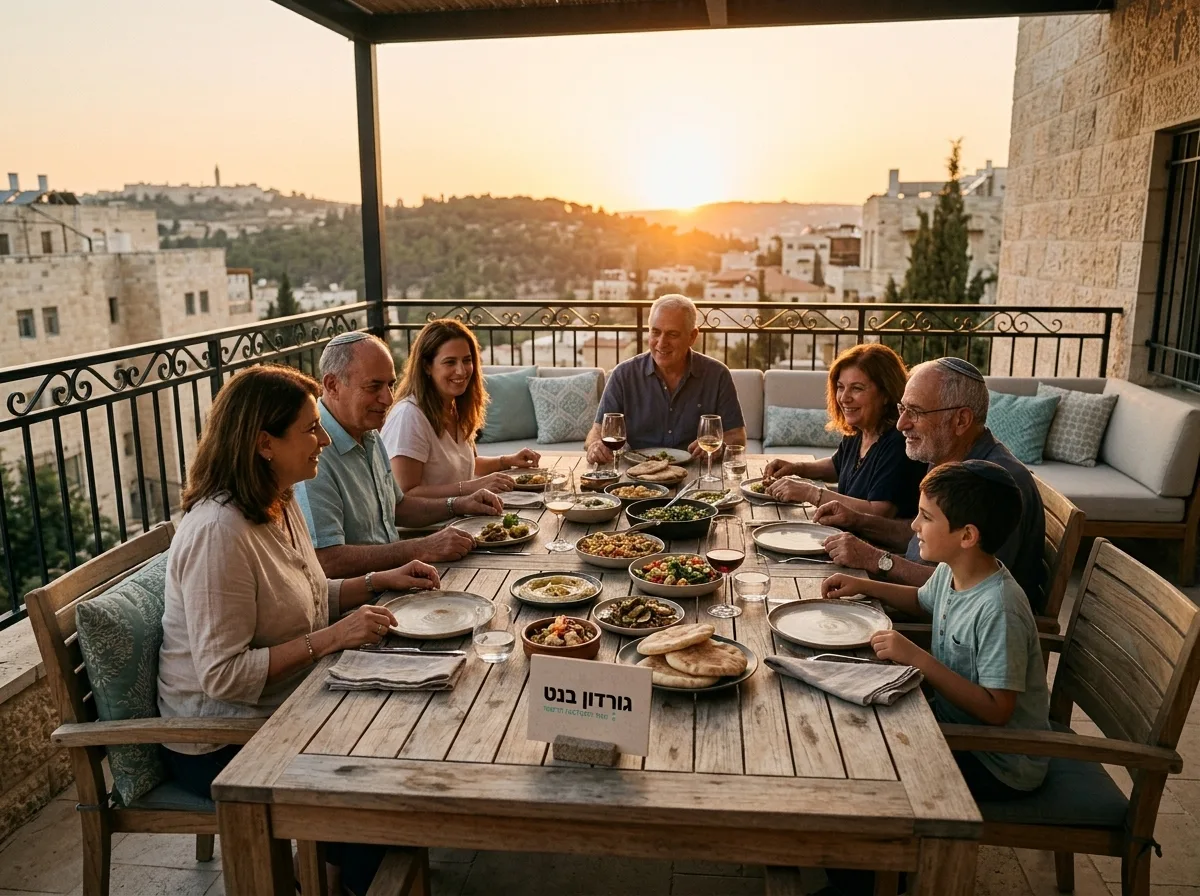 צילום רחב וברור של משפחה יושבת סביב שולחן אוכל מעץ טיק במרפסת מרווחת בעת השקיעה, מראה מזמין ותחושת נוחות