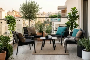 מרפסת שמש מעוצבת עם פינת ישיבה מאלומיניום וצמחייה ירוקה.