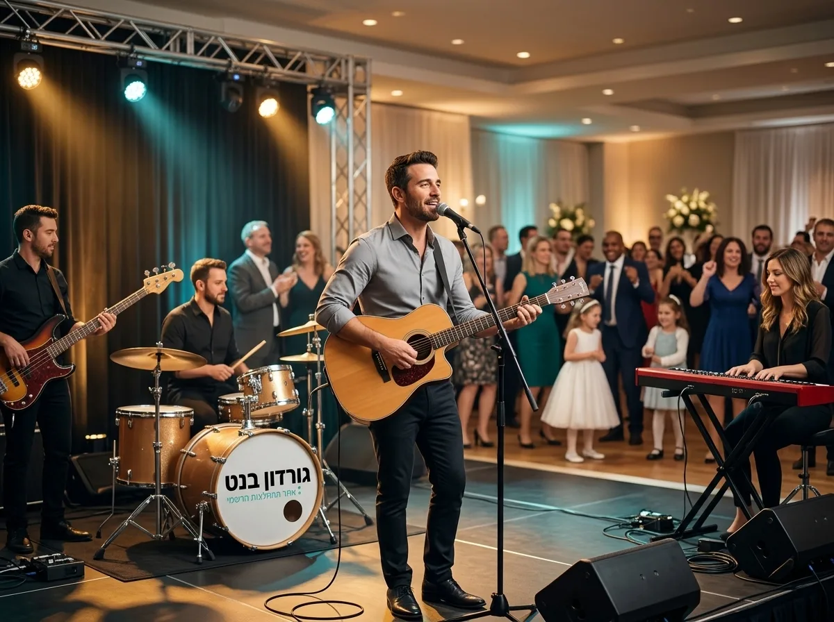 צילום ריאליסטי מרהיב של להקת חתונה המופיעה על במה באולם אירועים, זמר ממרכז עם גיטרה אקוסטית, תאורת ספוטים חמימה בצבעי זהב, ברקע אורחים רוקדים מטושטשים מעט לקבלת עומק שדה, אווירה שמחה ואיכותית