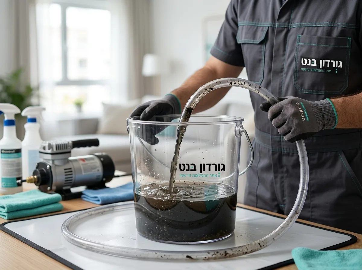 צילום איכותי של דלי ניקוז שקוף שבו נאספים מים שחורים ומלוכלכים מהמזגן במהלך ניקוי מקצועי, ממחיש את כמות הלכלוך שיורדת מהמכשיר, תאורה טבעית.