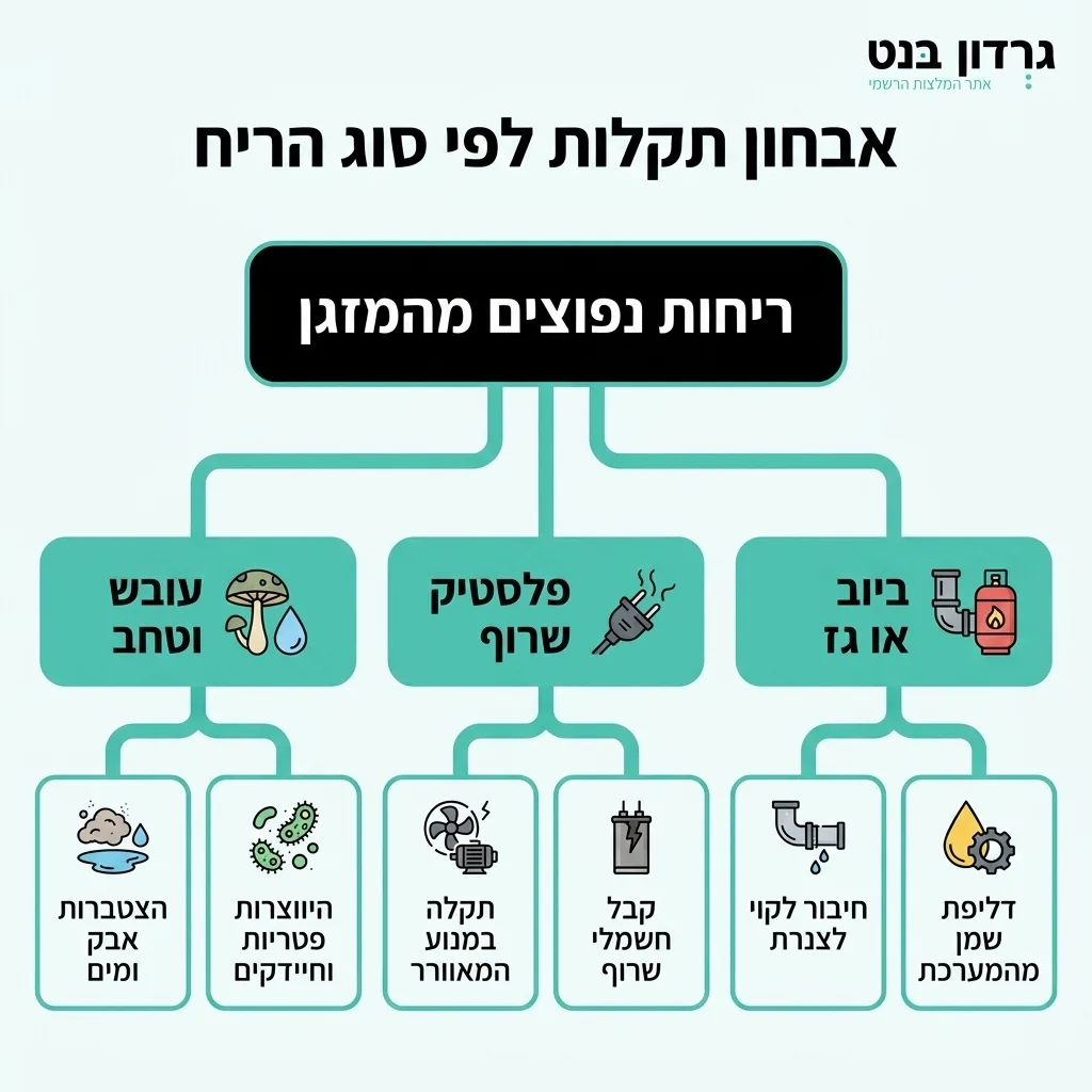 אינפוגרפיקה — אבחון תקלות לפי סוג הריח: ריחות נפוצים מהמזגן