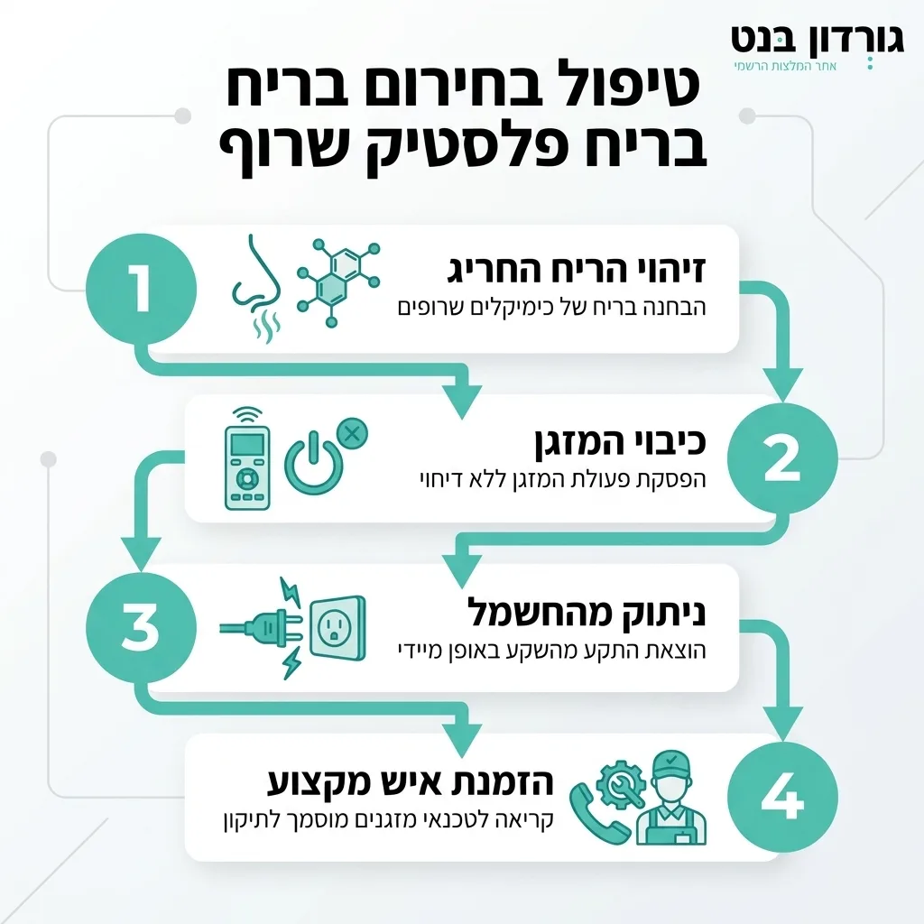 אינפוגרפיקה — טיפול בחירום בריח פלסטיק שרוף: זיהוי הריח החריג, כיבוי המזגן, ניתוק מהחשמל, הזמנת איש מקצוע
