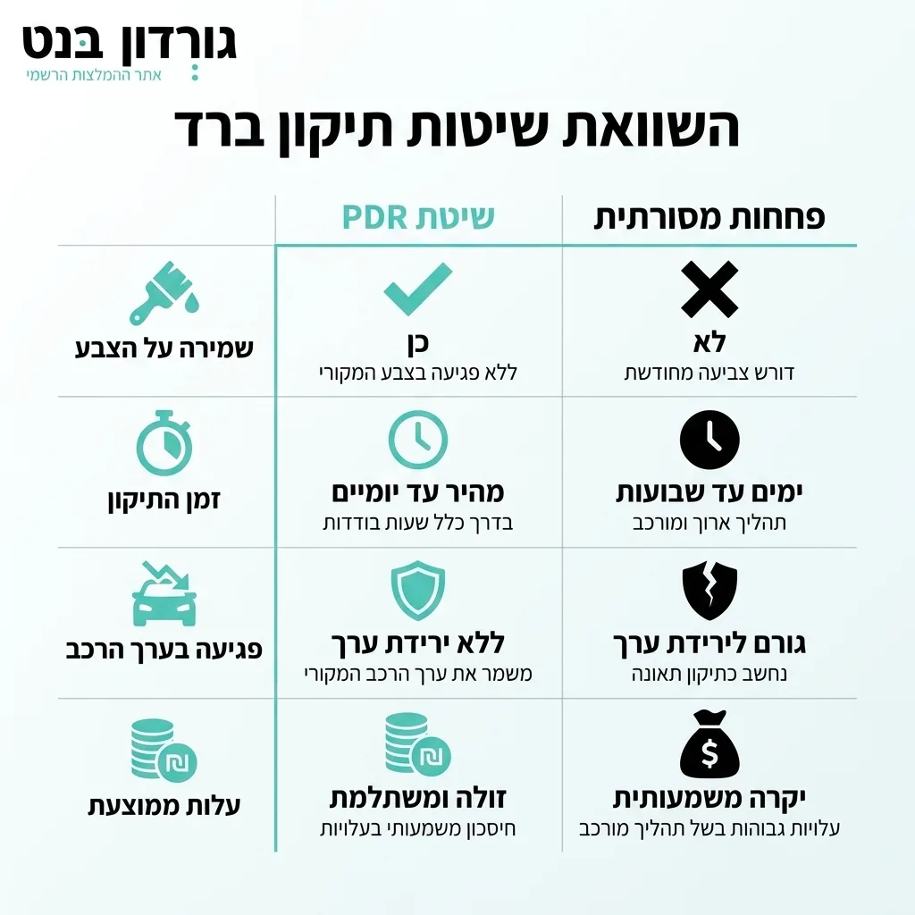 אינפוגרפיקה — השוואת שיטות תיקון ברד: השוואה בין שיטת PDR, פחחות מסורתית