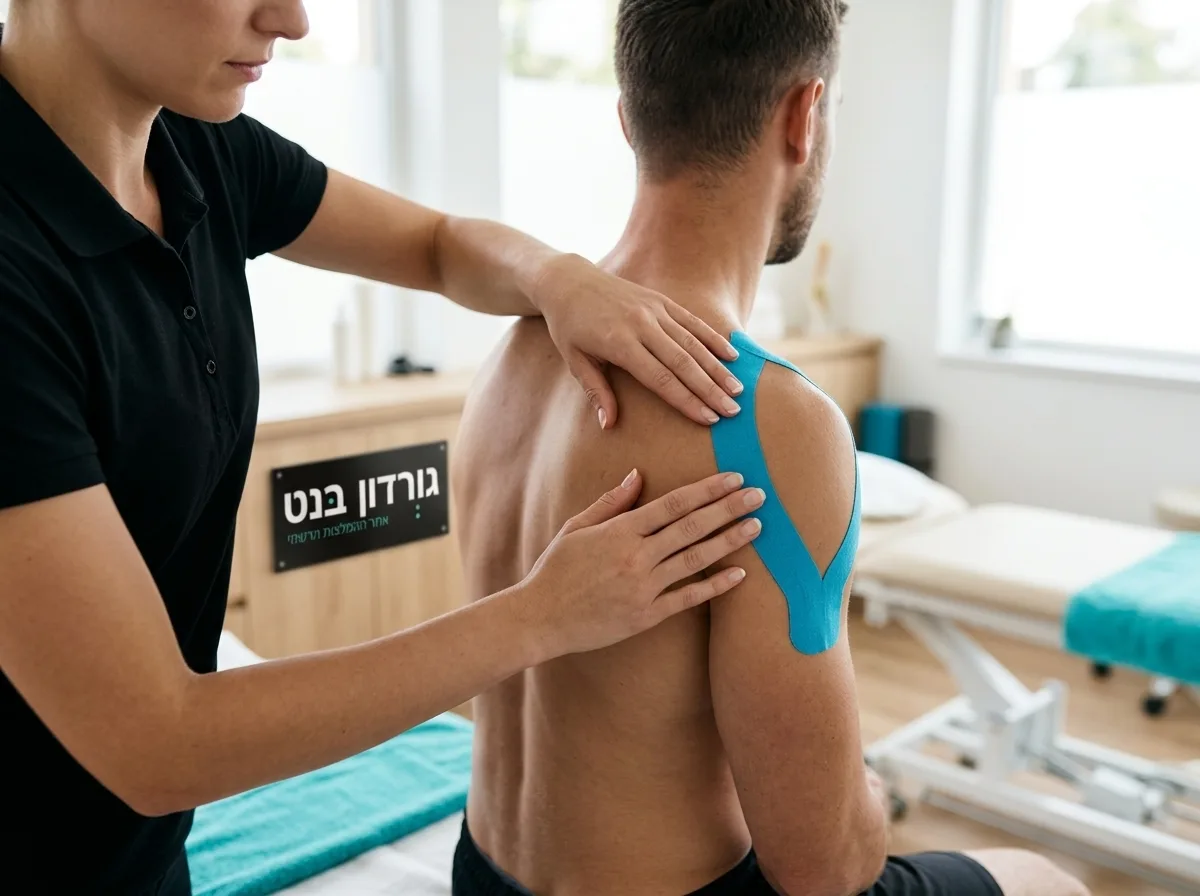 צילום קרוב של פיזיותרפיסטית מצמידה סרט קינזיו כחול על הכתף של מתאמן בקליניקה מוארת.
