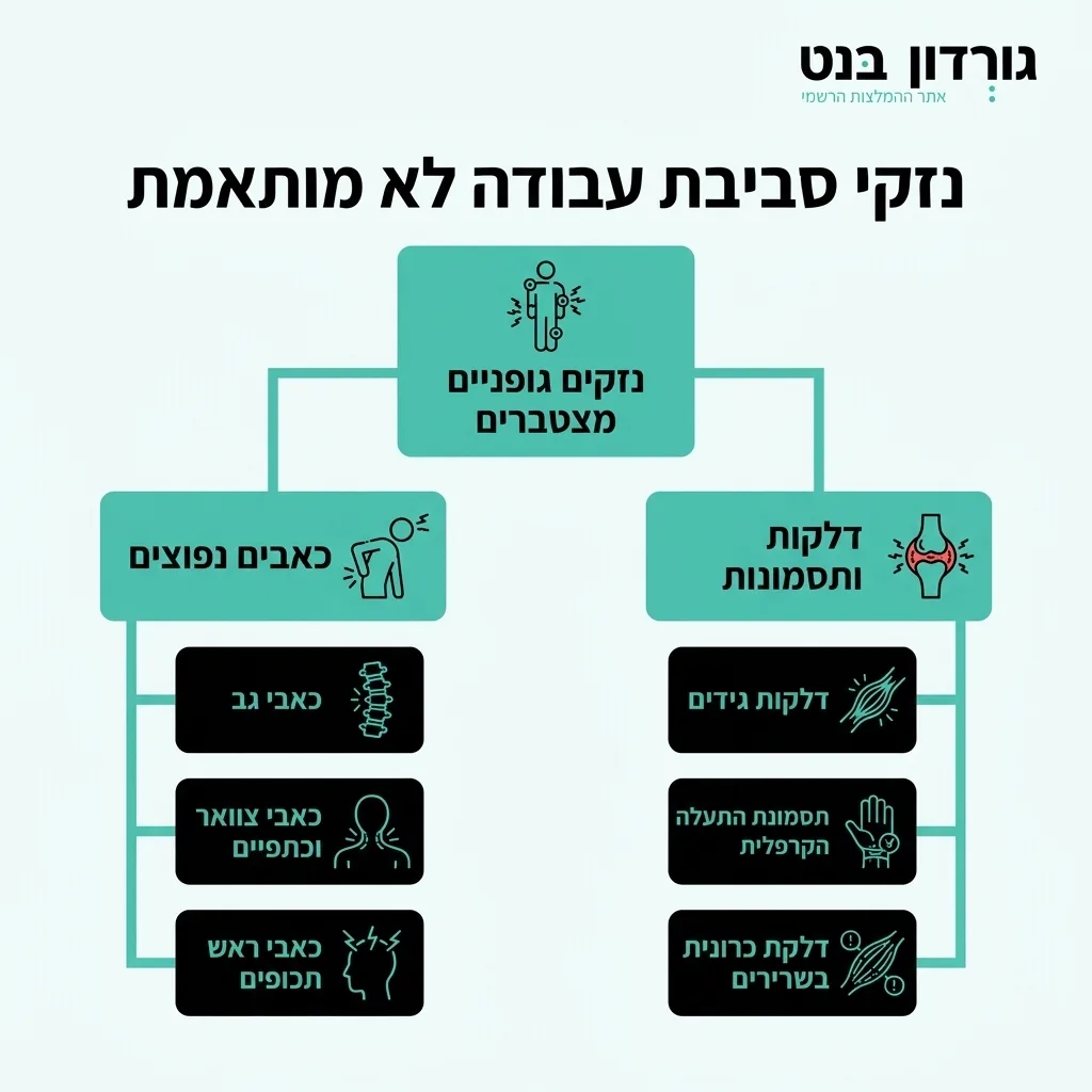 אינפוגרפיקה — נזקי סביבת עבודה לא מותאמת: נזקים גופניים מצטברים