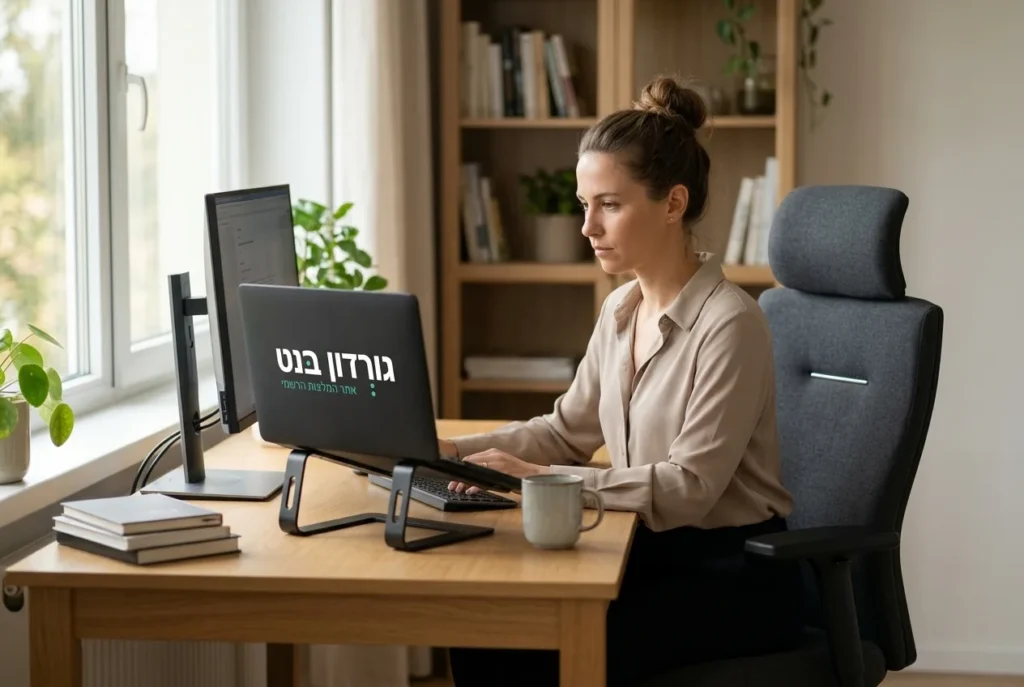 אדם עובד בפינת עבודה ביתית מוארת, יושב על כיסא ארגונומי מקצועי.