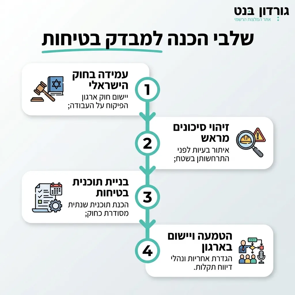 אינפוגרפיקה — שלבי הכנה למבדק בטיחות: עמידה בחוק הישראלי, זיהוי סיכונים מראש, בניית תוכנית בטיחות, הטמעה ויישום בארגון