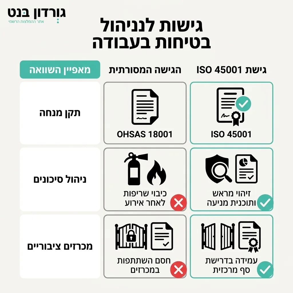 אינפוגרפיקה — גישות לניהול בטיחות בעבודה: השוואה בין הגישה המסורתית, גישת ISO 45001