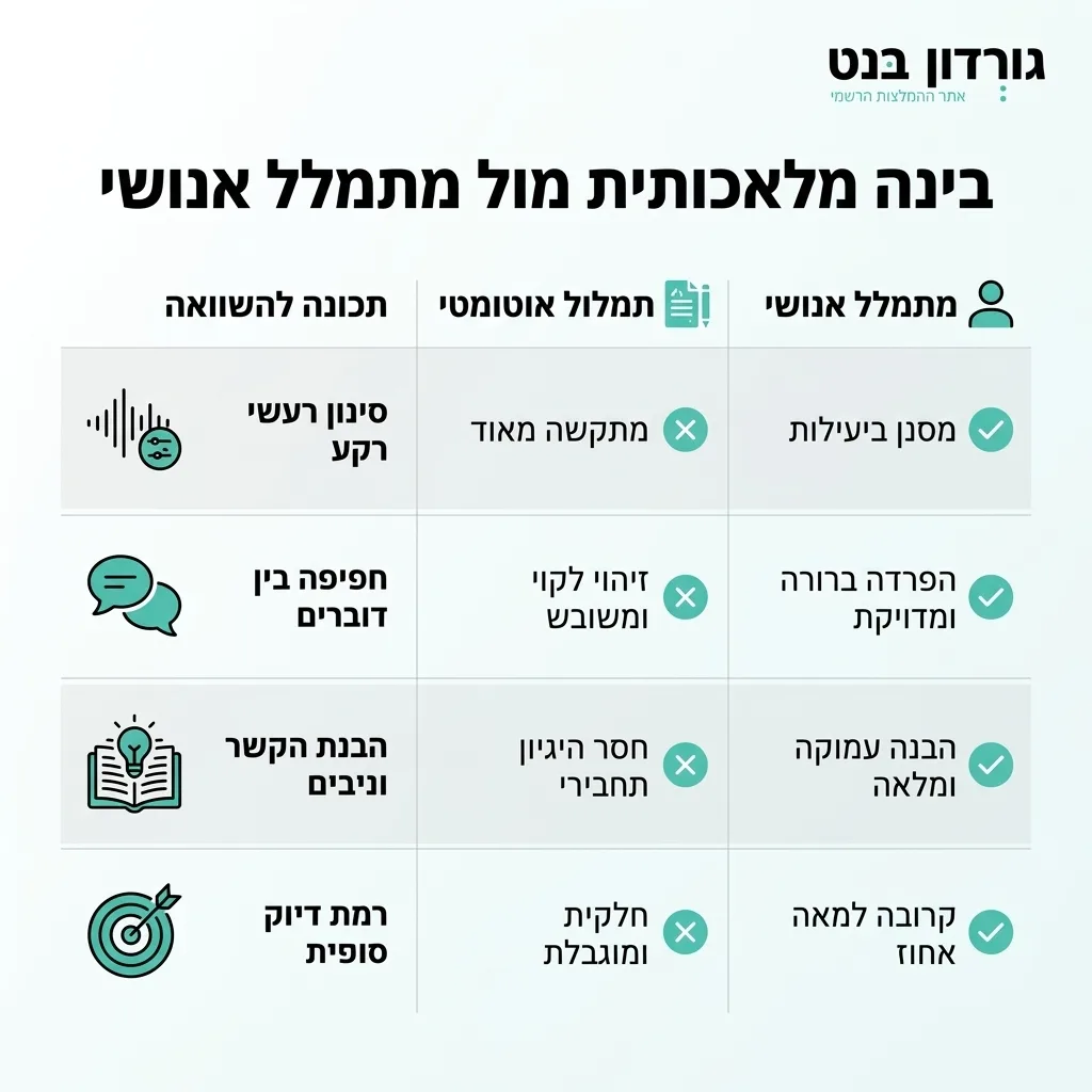 אינפוגרפיקה — בינה מלאכותית מול מתמלל אנושי: השוואה בין תמלול אוטומטי, מתמלל אנושי