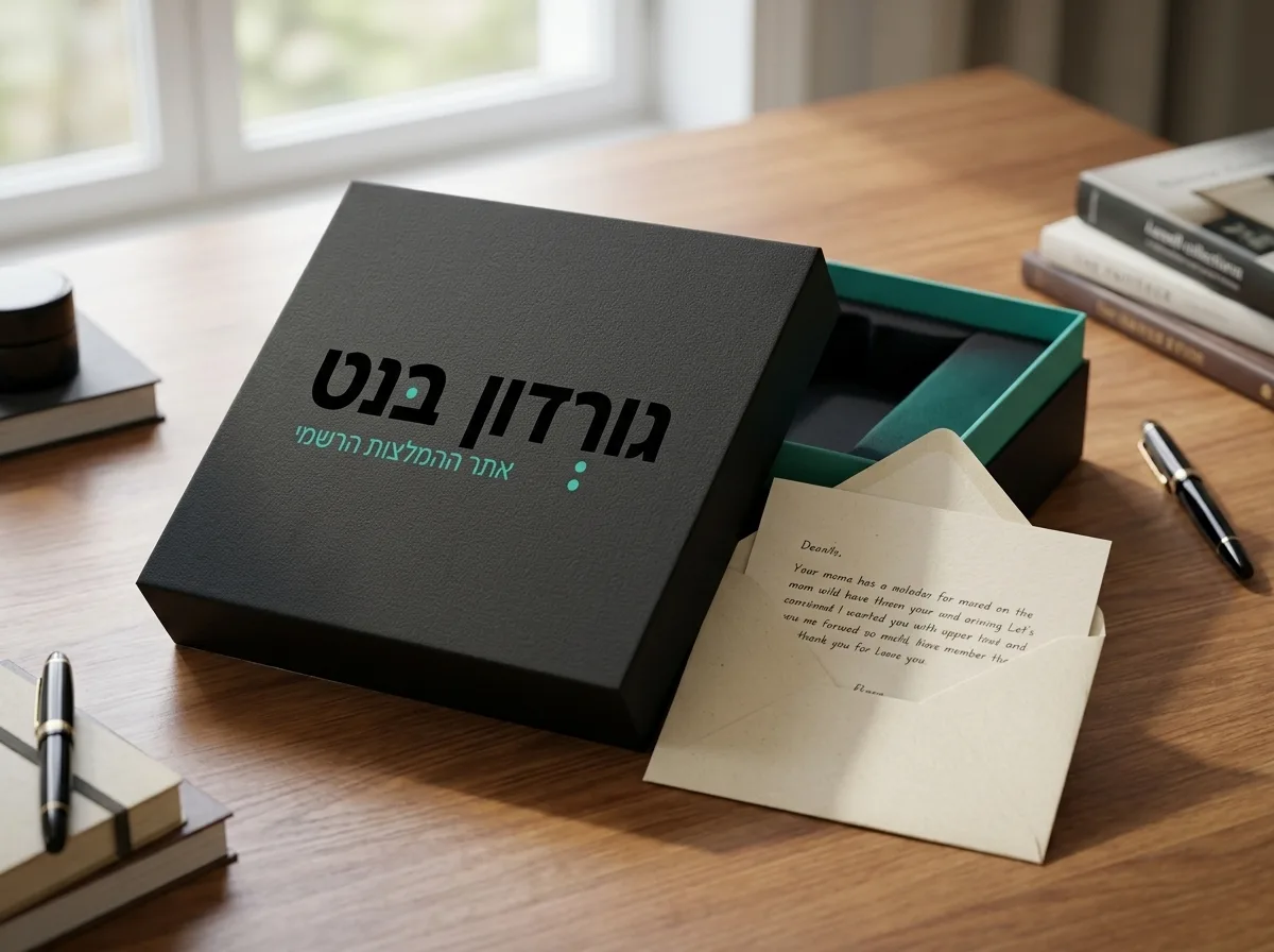צילום איכותי של קופסת מתנה יוקרתית ומינימליסטית על שולחן עבודה, פתוחה למחצה, לצדה כרטיס ברכה אישי מונח בתוך מעטפה, תאורה טבעית ורכה