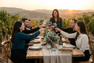 קבוצת עובדים מרימה כוסות יין סביב שולחן מעוצב בחיק הטבע בעת שקיעה.