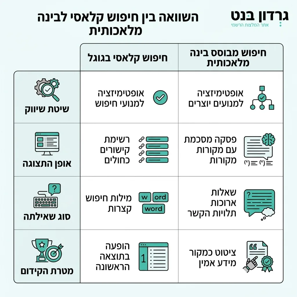 אינפוגרפיקה — השוואה בין חיפוש קלאסי לבינה מלאכותית: השוואה בין חיפוש קלאסי בגוגל, חיפוש מבוסס בינה מלאכותית