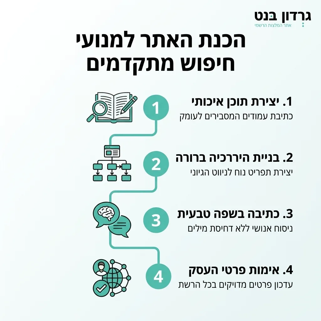 אינפוגרפיקה — הכנת האתר למנועי חיפוש מתקדמים: יצירת תוכן איכותי, בניית היררכיה ברורה, כתיבה בשפה טבעית, אימות פרטי העסק