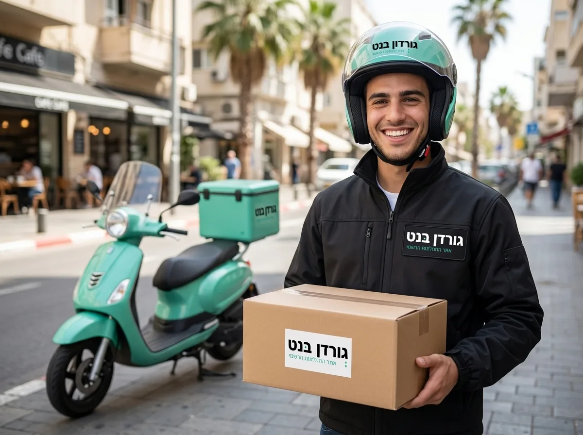 צילום ריאליסטי של שליח מחייך בקסדה מחזיק חבילת קרטון ליד קטנוע, על רקע רחוב עירוני באור יום