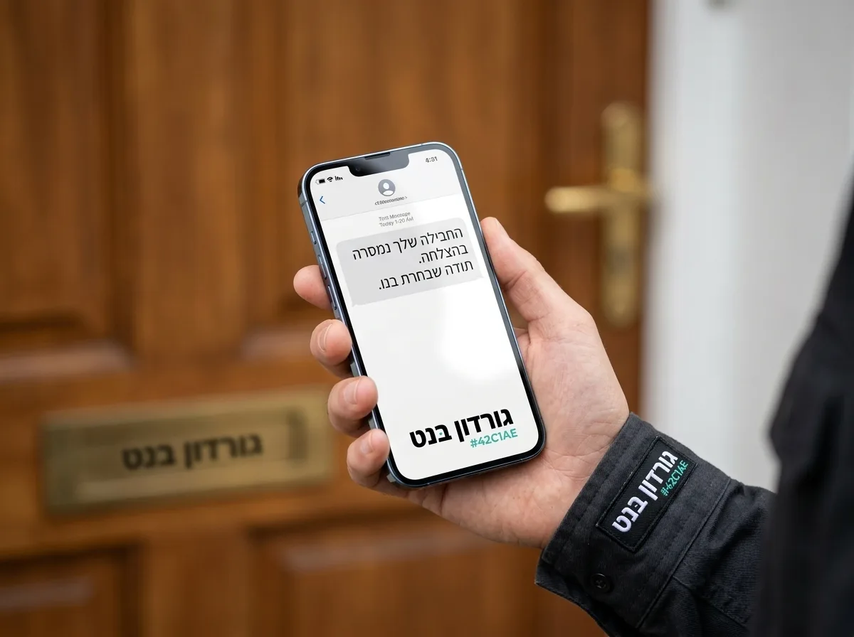 צילום תקריב פוטו-ריאליסטי של יד מחזיקה סמארטפון עם מסך המציג הודעת סמס על אישור מסירת חבילה, ברקע מטושטש של דלת כניסה