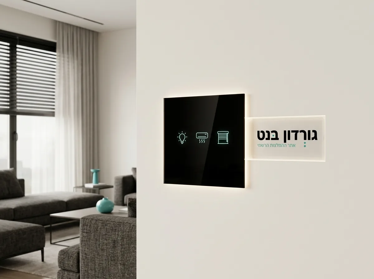צילום נקי ואסתטי של קיר בסלון מודרני עם פאנל מגע חכם מזכוכית שחורה, מואר בתאורה רכה המראה אייקונים של תאורה, מיזוג ותריסים