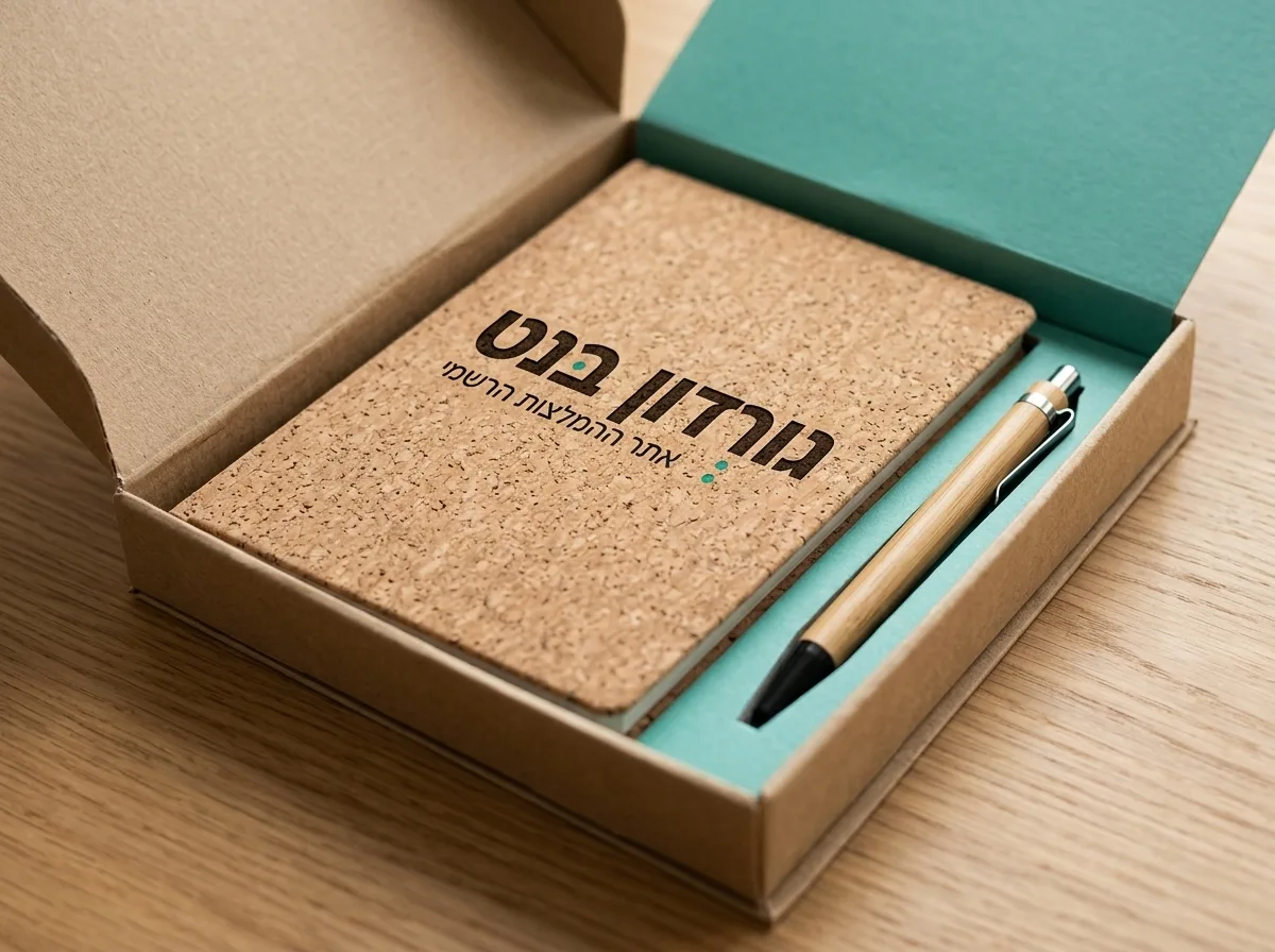 צילום קרוב של מארז מתנה מקרטון ממוחזר, פתוח למחצה, בתוכו מחברת כריכת שעם ועט במבוק, פוקוס חד על הטקסטורה הטבעית והנקייה