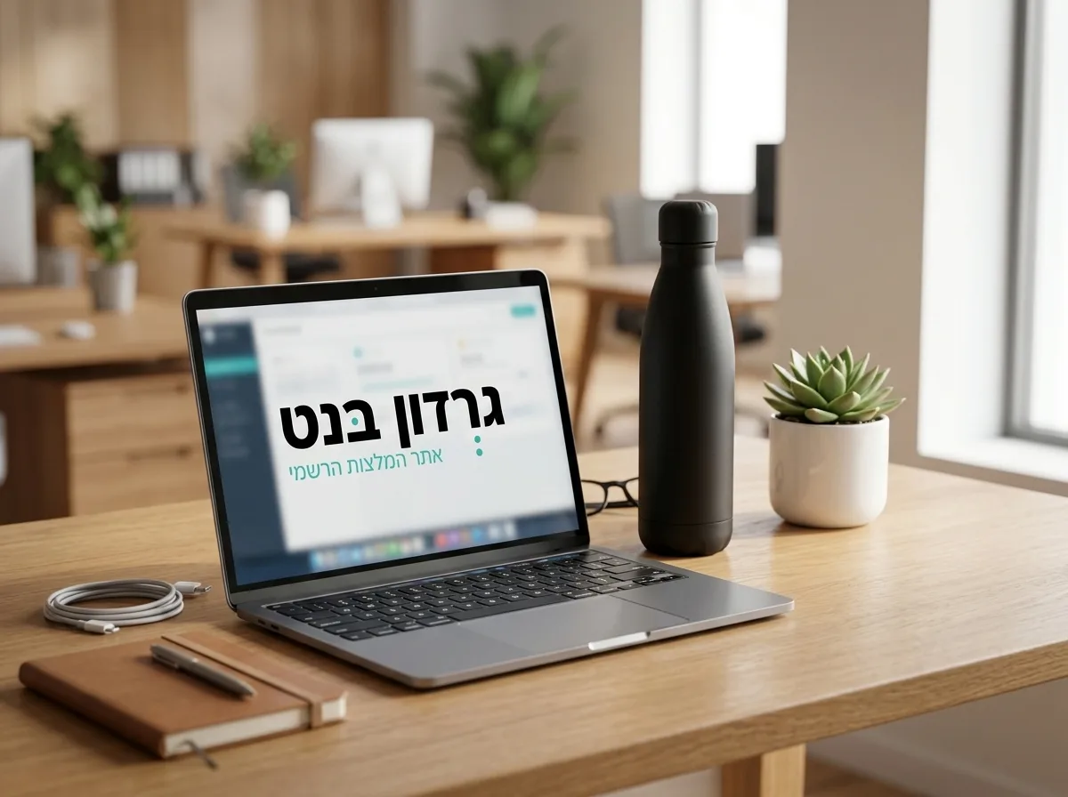 צילום ריאליסטי של שולחן עבודה מודרני בהייטק, עליו מונח בקבוק תרמי שחור אלגנטי לצד מחשב נייד ועציץ קטן, תאורה טבעית ונעימה